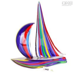 Sail Boat Mix Colored Cannes In Blue - Sculpture - Murano Glass