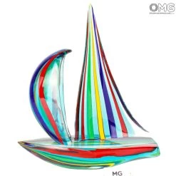 Sail Boat Mix Colored Cannes In Green - Sculpture - Murano Glass