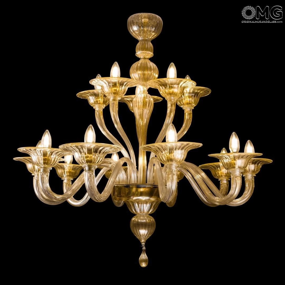 Chandelier Primiero 15 Lights - Pastorale - Murano Glass - Gold 24carats