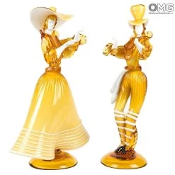 Couple Goldoni Venetian Figurines - Amber - Original Murano Glass OMG