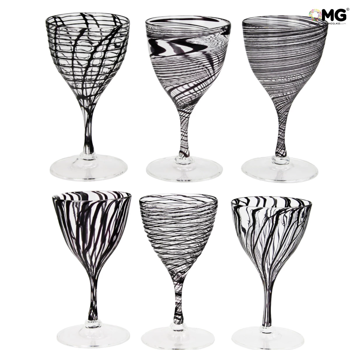 Drinking Glass - Black Lines Chalices Set Of 6 Pieces - Original Murano Glass Omg
