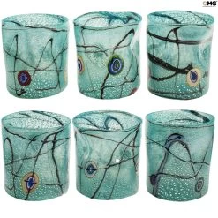 Kandinsky - Aquamarine Glasses Set With Murrine - Tumblers With Pure Silver - Original Murano Glass OMG