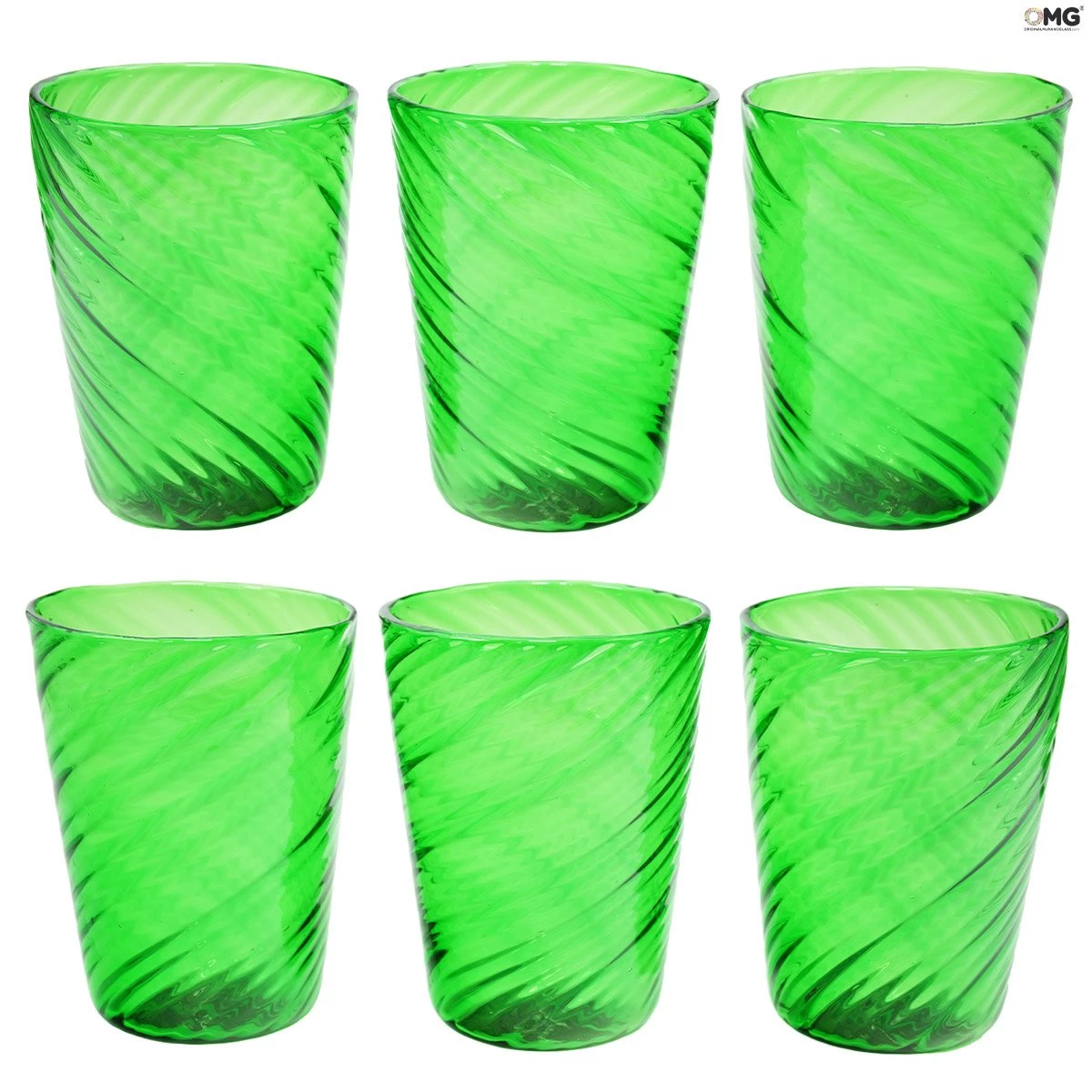 Set Of 6 Drinking Glasses Twisted - Green - Original Murano Glass