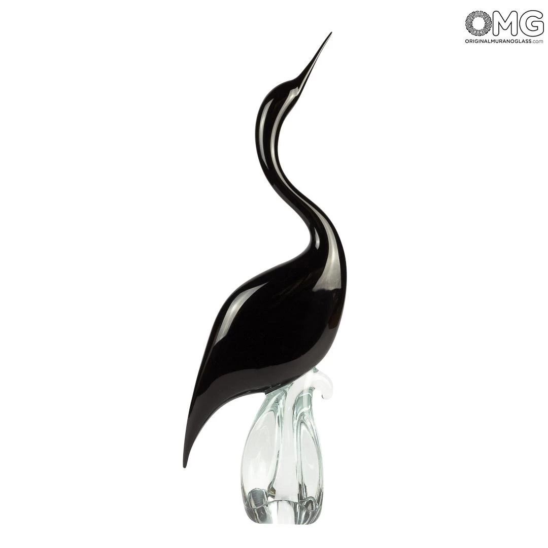 Black Heron Male - Glass Sculpture - Original Murano Glass OMG