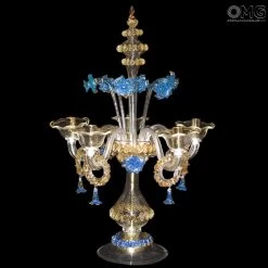 Table Lamp Flambeau - Blue Floral - Murano Glass - 5 Light