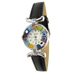 Wristwatch Millefiori - Black Strap Metal Chrome Case - Original Murano Glass OMG