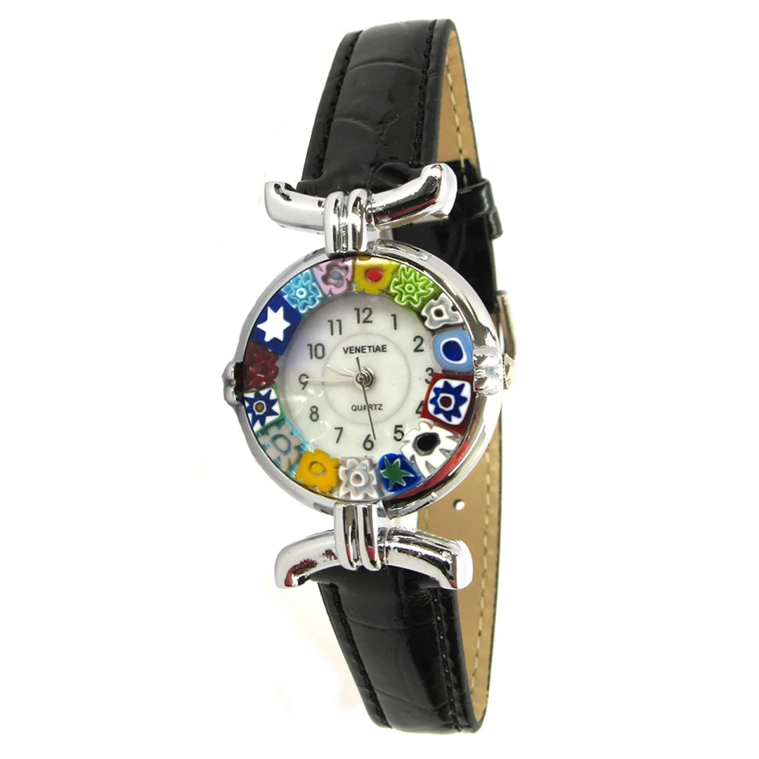 Wristwatch Millefiori - Black Strap Metal Chrome Case - Original Murano Glass OMG