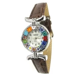 Wristwatch Millefiori - Chocolate Brown Strap Metal Chrome Case - Murano Glass